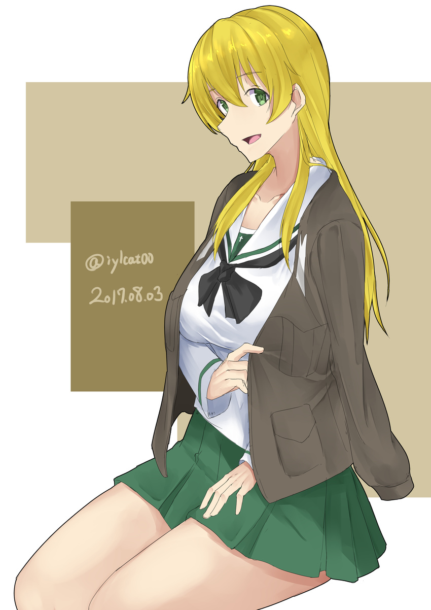 absurdres anzio_military_uniform black_neckwear blonde_hair blouse breasts carpaccio commentary dated eyebrows_visible_through_hair girls_und_panzer green_eyes green_skirt grey_jacket highres irukatto jacket jacket_on_shoulders large_breasts long_hair long_sleeves looking_at_viewer military military_jacket military_uniform miniskirt neckerchief ooarai_school_uniform open_mouth pleated_skirt school_uniform serafuku sitting skirt smile solo twitter_username uniform white_blouse