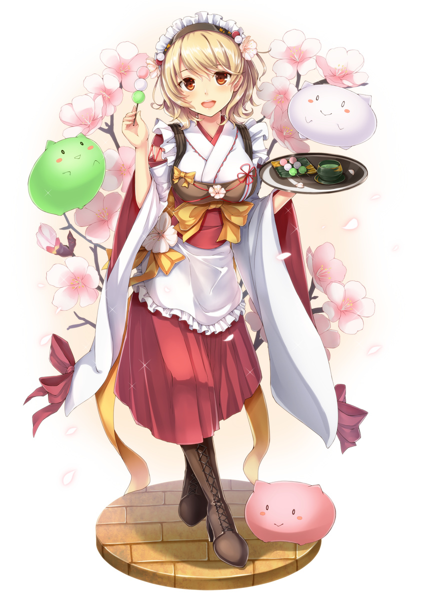 :&gt; :d apricot_(flower_knight_girl) black_hairband blonde_hair boots bow brown_eyes brown_footwear creature cross-laced_footwear dabadhi dango dress flower flower_knight_girl food full_body hairband highres japanese_clothes kimono lace-up_boots looking_at_viewer open_mouth petals red_bow red_dress short_hair smile solo standing tea wagashi waitress white_background white_kimono