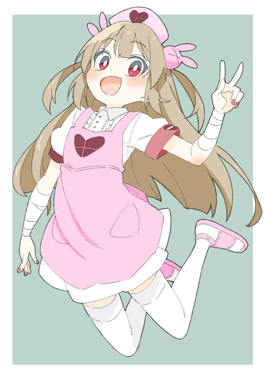 1girl :d absurdres apron bandage bandaged_arm bandages bright_pupils bunny_hair_ornament donguri_suzume dress eyebrows_visible_through_hair fang fingernails grey_background hair_ornament hand_up hat heart highres jumping light_brown_hair long_hair looking_at_viewer nail_polish natori_sana nurse_cap open_mouth pink_apron pink_footwear pink_hat pink_nails red_eyes sana_channel shoes short_sleeves simple_background smile solo thighhighs w white_dress white_legwear