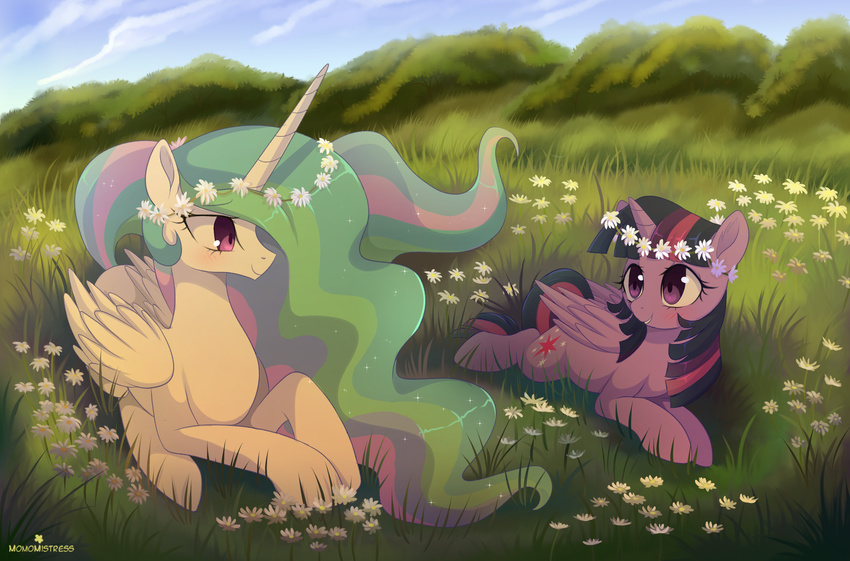 2017 blush cutie_mark duo equine eye_contact eyelashes feathered_wings feathers female feral flower friendship_is_magic grass hair hi_res hooves horn long_hair looking_back lying mammal meadow momomistress multicolored_hair multicolored_tail my_little_pony on_front outside plant princess_celestia_(mlp) purple_eyes purple_feathers smile twilight_sparkle_(mlp) white_feathers winged_unicorn wings