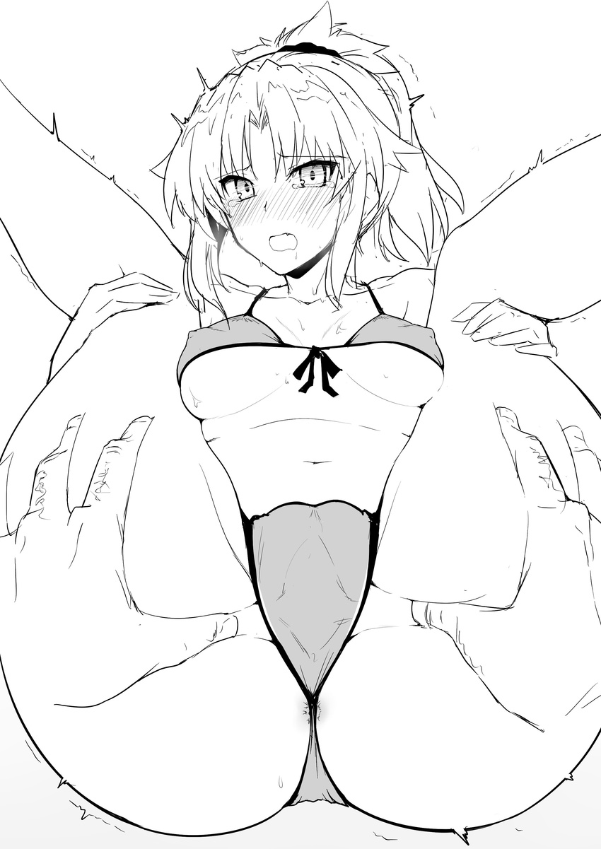 absurdres anus ass_grab bikini blush breasts covered_nipples fate/apocrypha fate/grand_order fate_(series) folded greyscale harukon_(halcon) highres knees_on_chest legs_up looking_at_viewer lying medium_breasts monochrome mordred_(fate) mordred_(fate)_(all) mordred_(swimsuit_rider)_(fate) on_back ponytail pussy sketch solo_focus spread_legs spread_pussy spread_pussy_under_clothes swimsuit tears