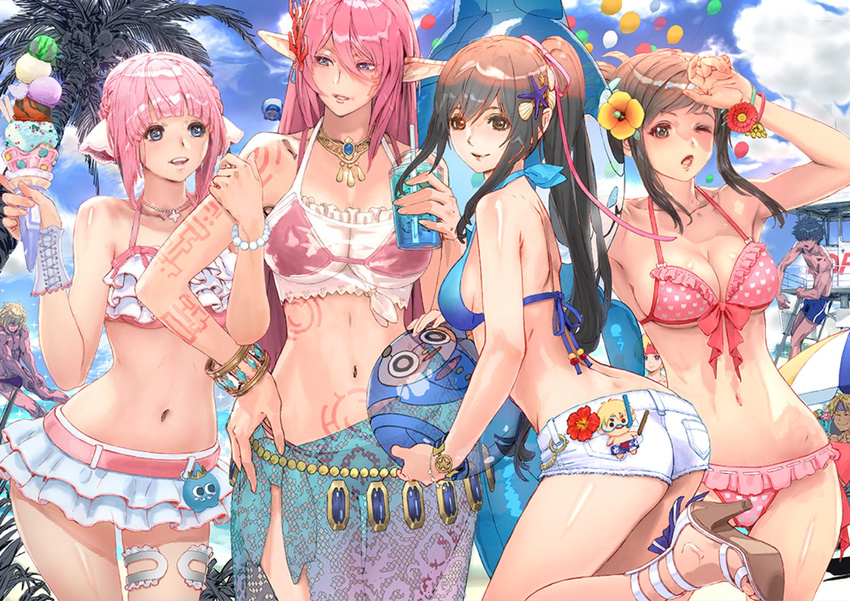 4girls 5boys alternate_costume ass ball balloon bare_shoulders beachball bikini bikini_top blonde_hair blue_eyes blue_hair blush bracelet breasts brown_eyes brown_hair cameo claude_kenni cleavage dark_skin dorne_murtough drink edge_maverick eyes_closed fidel_camuze flower green_eyes hair_flower hair_ornament hair_ribbon hairclip high_heels ice_cream jewelry large_breasts leg_garter long_hair medium_breasts miki_sauvester multiple_boys multiple_girls myuria_tionysus open_mouth parted_lips pink_hair pointy_ears ponytail ribbon saionji_reimi sandals sarong shiny shiny_hair shiny_skin short_hair short_shorts shorts sideboob smile sophia_esteed star_ocean star_ocean_anamnesis star_ocean_first_departure star_ocean_integrity_and_faithlessness star_ocean_the_last_hope star_ocean_the_second_story star_ocean_till_the_end_of_time tattoo very_long_hair victor_oakville