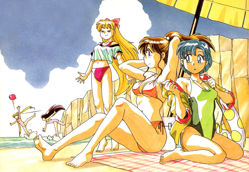 90s aino_minako azuma_kiyohiko ball barefoot beach beach_umbrella beachball bikini bishoujo_senshi_sailor_moon black_hair blonde_hair blue_eyes blue_hair breasts brown_eyes brown_hair cleavage closed_eyes clothes_writing competition_swimsuit crop_top crop_top_overhang day green_swimsuit heel_raised high_ponytail hino_rei in_the_face kino_makoto long_hair marker_(medium) medium_breasts mizuno_ami multiple_girls navel off_shoulder official_art one-piece_swimsuit outdoors pink_swimsuit profile sailor_senshi scan short_sleeves side-tie_bikini sitting small_breasts smile summer swimsuit throwing traditional_media tsukino_usagi twintails umbrella underboob undressing very_long_hair wariza