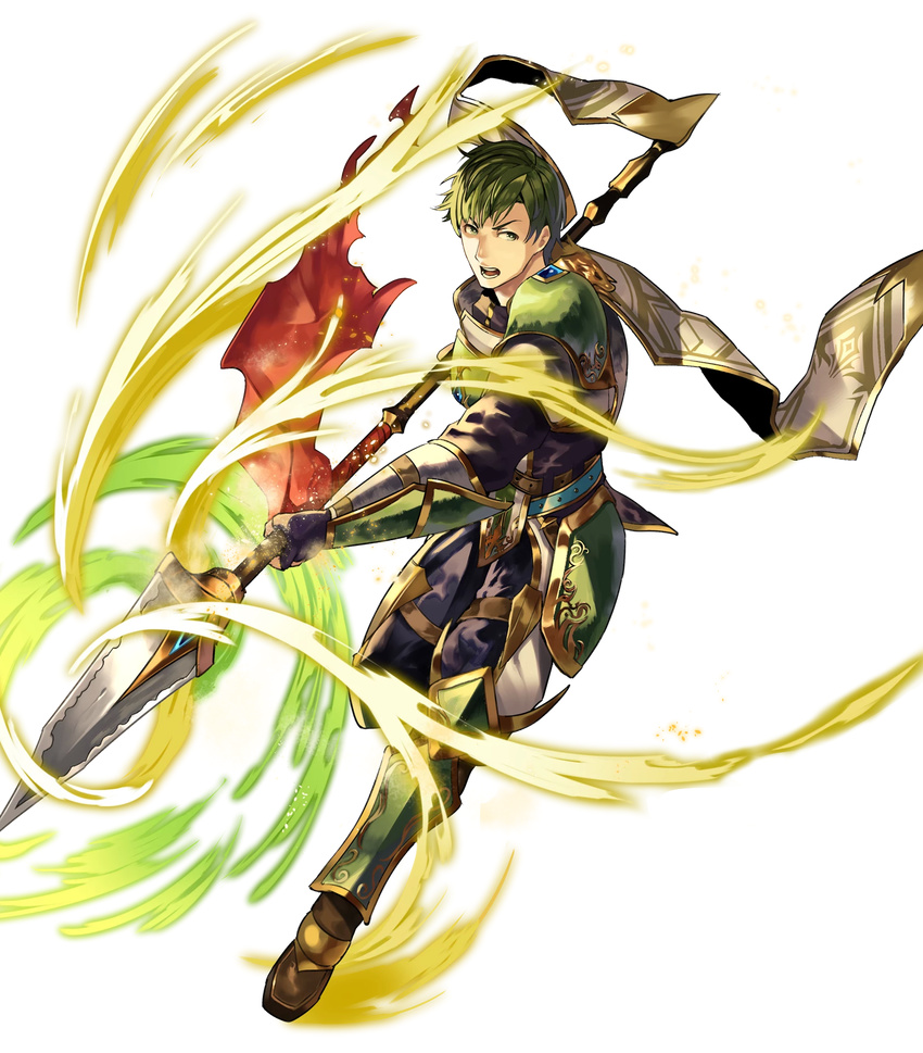 abel_(fire_emblem) armor armored_boots boots fingerless_gloves fire_emblem fire_emblem:_monshou_no_nazo fire_emblem_heroes full_body gloves green_eyes green_hair highres looking_at_viewer male_focus official_art open_mouth polearm solo spear teeth transparent_background weapon