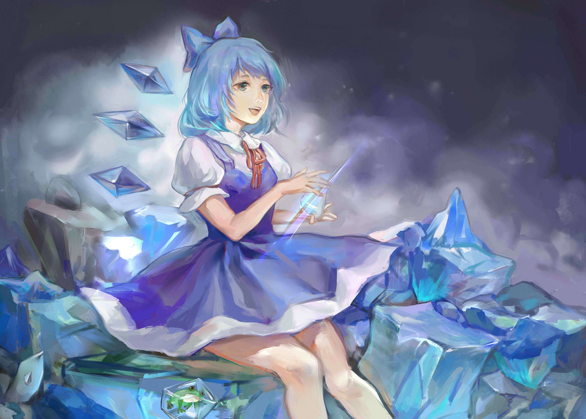 absurdres blue_dress blue_eyes blue_hair bow cirno cloud dress eyelashes frozen_frog hair_bow highres ice knees_together looking_to_the_side md5_mismatch night open_mouth outdoors puffy_short_sleeves puffy_sleeves re21 red_ribbon ribbon short_hair short_sleeves sitting solo touhou wings