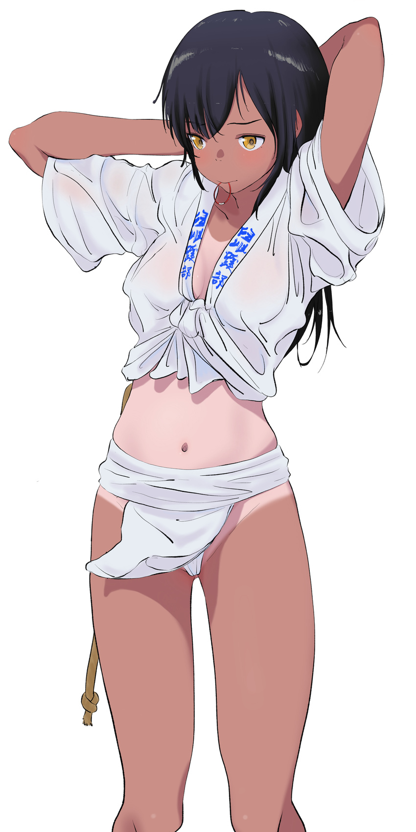 absurdres bangs black_hair bouen breasts commentary front-tie_top fundoshi hair_tie hair_tie_in_mouth highres japanese_clothes long_hair medium_breasts midriff mouth_hold navel no_bra one-piece_tan original see-through simple_background standing tan tanline tying_hair wet wet_clothes white_background yamakasa yellow_eyes