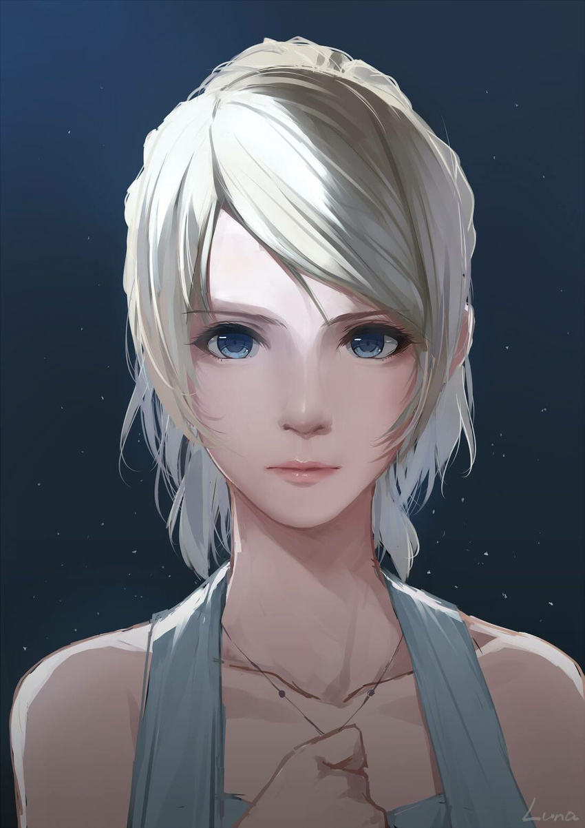 blonde_hair blue_eyes caidychen character_name closed_mouth dress final_fantasy final_fantasy_xv highres holding_necklace jewelry lips looking_at_viewer lunafreya_nox_fleuret necklace nose pink_lips short_hair solo upper_body white_dress