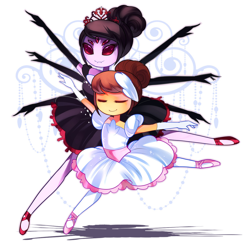 alternate_costume alternate_hairstyle androgynous ballerina ballet_slippers black_hair black_swan brown_hair closed_eyes commentary dancing dress extra_eyes fangs folded_ponytail frisk_(undertale) full_body gloves highres insect_girl muffet multiple_arms pantyhose plantar_flexion puffy_short_sleeves puffy_sleeves rotodisk short_hair short_sleeves sparkle spider_girl spread_legs teeth tiara undertale white_gloves white_legwear