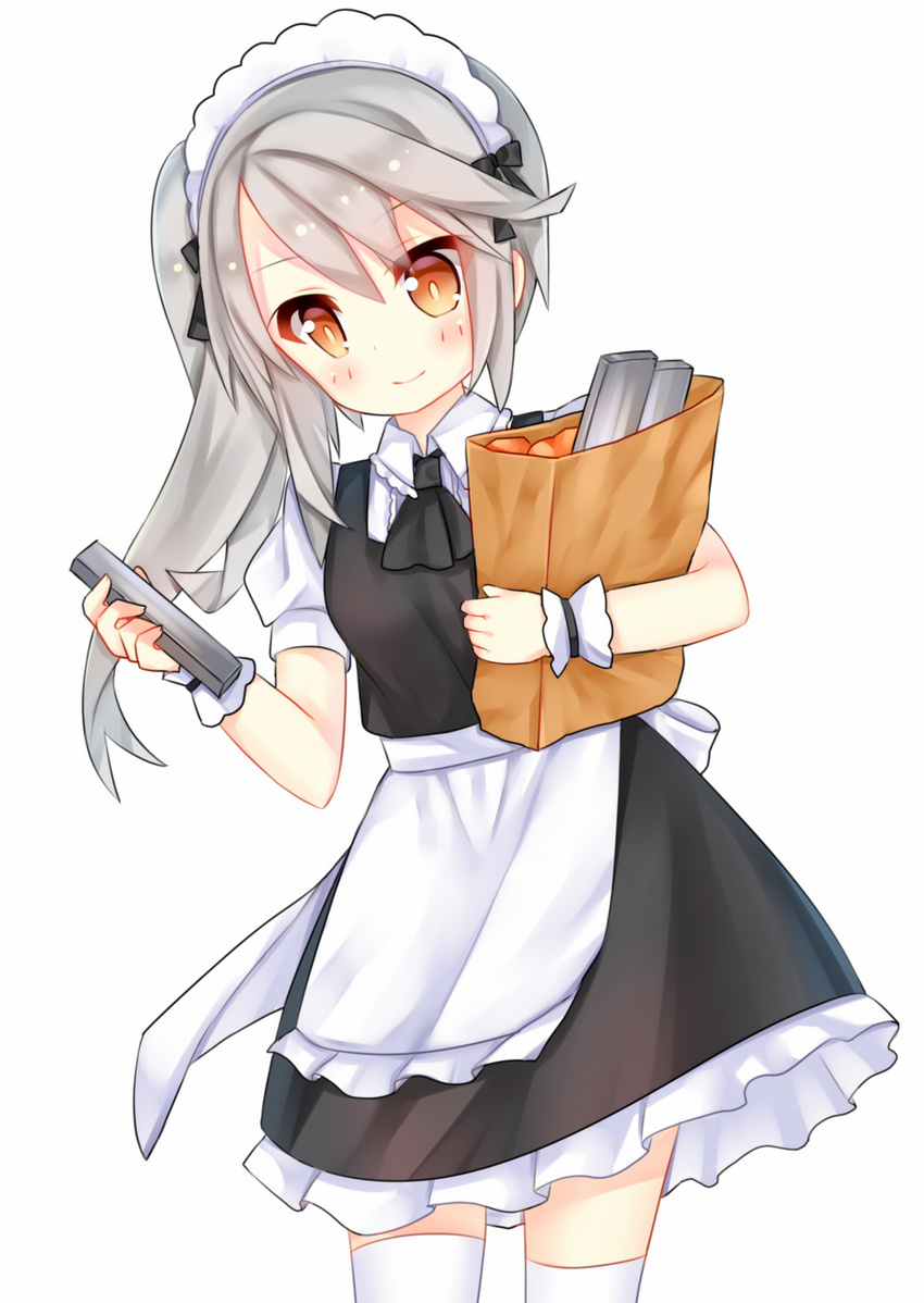 absurdres alternate_costume apron ascot bag bauxite black_bow black_dress black_neckwear blush bow brown_eyes collared_shirt cowboy_shot dress enmaided fingernails frilled_dress frilled_shirt frills grey_hair hair_bow highres holding holding_bag long_hair looking_at_viewer maid maid_headdress ning_hai_(zhan_jian_shao_nyu) paper_bag puffy_short_sleeves puffy_sleeves shirt short_sleeves side_ponytail simple_background sleeveless sleeveless_dress smile solo steel_ingot tengxiang_lingnai thighhighs undershirt waist_apron walking white_apron white_background white_legwear white_shirt wrist_cuffs zhan_jian_shao_nyu