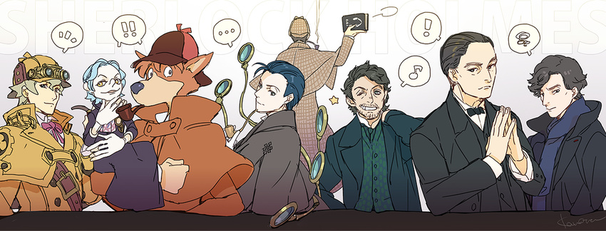 !! ... 6+boys benedict_cumberbatch black_hair blonde_hair blue_hair book character_name cloak commentary_request copyright_request crossover dai_gyakuten_saiban eighth_note fate/grand_order fate_(series) fingers_together formal from_behind furry gyakuten_saiban hat holding holding_pipe jeremy_brett kaworu_(kaw_lov) male_focus meitantei_holmes multiple_boys multiple_crossover musical_note namesake pipe pipe_in_mouth robert_downey_jr. sherlock_(bbc) sherlock_holmes sherlock_holmes_(1984_tv_series) sherlock_holmes_(fate/grand_order) sherlock_holmes_(gyakuten_saiban) sherlock_holmes_(meitantei_holmes) sherlock_holmes_(movie) sherlock_holmes_(sherlock) signature speech_bubble spoken_ellipsis spoken_exclamation_mark spoken_musical_note spoken_squiggle squiggle suit the_adventures_of_sherlock_holmes tuxedo ventriloquist_dummy white_background yellow_eyes
