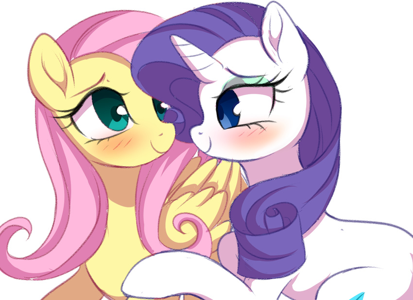 2017 blue_eyes blush cutie_mark duo equine eye_contact eyelashes eyeshadow feathered_wings feathers female feral fluttershy_(mlp) friendship_is_magic hair horn long_hair makeup mammal momomistress my_little_pony pegasus pink_hair purple_hair rarity_(mlp) simple_background smile teal_eyes unicorn white_background wings yellow_feathers