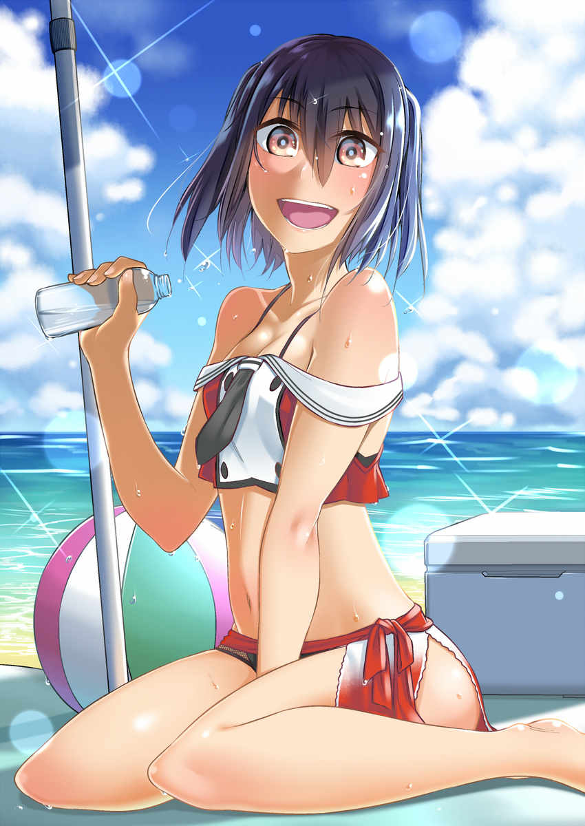 ball beach beachball black_skirt blush bottle brown_eyes brown_hair cloud day highres igloo kantai_collection looking_at_viewer minobu_jentoru off_shoulder sendai_(kantai_collection) skirt sky smile snow_shelter solo sparkle sunlight sweat two_side_up water_bottle