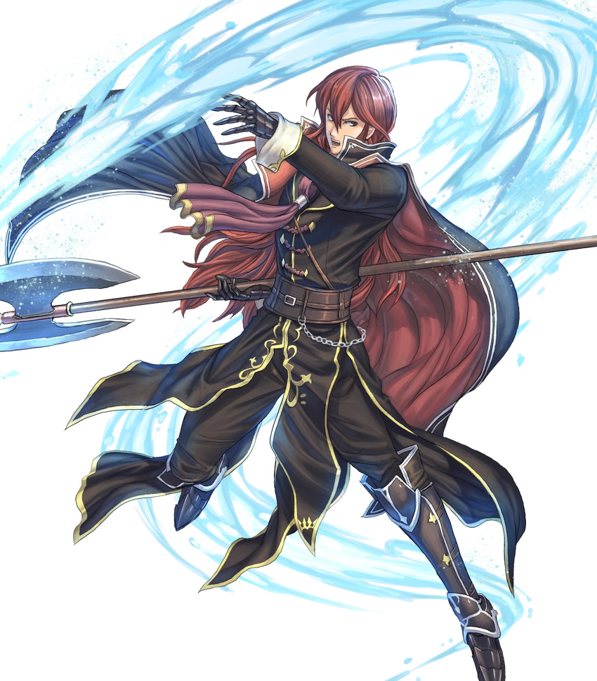 armor armored_boots axe boots fire_emblem fire_emblem:_monshou_no_nazo fire_emblem_heroes full_body gloves highres izuka_daisuke long_hair male_focus misheil_(fire_emblem) official_art open_mouth red_eyes red_hair solo teeth transparent_background weapon