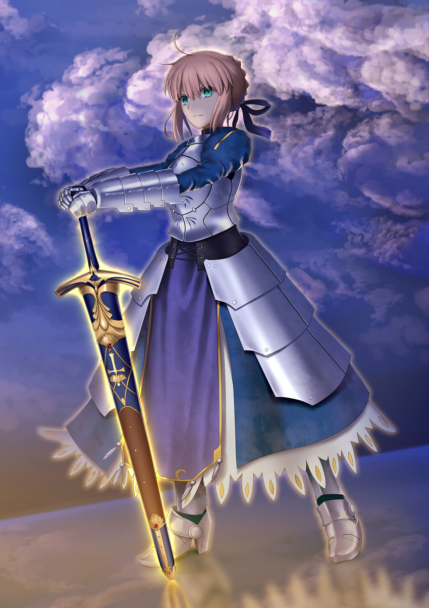 absurdres ahoge armor armored_dress artoria_pendragon_(all) blonde_hair blue_dress blue_ribbon breastplate caliburn closed_mouth cloud cloudy_sky dress dutch_angle fate/stay_night fate_(series) faulds full_body gauntlets glowing glowing_sword glowing_weapon green_eyes hair_between_eyes hair_ribbon highres holding holding_sword holding_weapon juliet_sleeves kuraka legs_apart long_sleeves looking_at_viewer md5_mismatch outdoors puffy_sleeves reflective_floor ribbon saber serious sheath sheathed short_hair sidelocks sky solo standing sword weapon