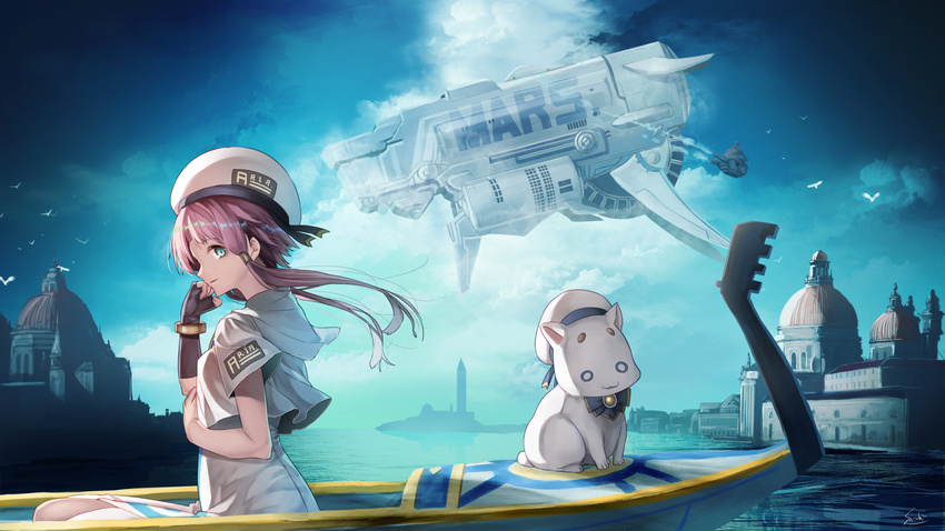 :3 aircraft airship animal aqua_eyes aria aria_pokoteng artist_name beret bird black_gloves building cat chin_rest church cloud commentary dress emblem english fingerless_gloves gloves gondola hair_tubes hat highres horizon long_hair mizunashi_akari outdoors parted_lips pink_hair profile saraki short_hair_with_long_locks short_sleeves sidelocks single_fingerless_glove single_glove sitting sky solo_focus uniform venezia water white_dress white_hat wind