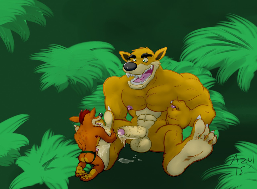 2015 4_toes anthro azul_(artist) balls bandicoot claws clothing crash_bandicoot crash_bandicoot_(series) erection feet foot_fetish foot_lick foot_worship foreskin fur humanoid_penis jockstrap licking male male/male mammal marsupial muscular muscular_male nipple_play nipples nude open_mouth penis precum sex tiny_tiger toes tongue tongue_out underwear video_games