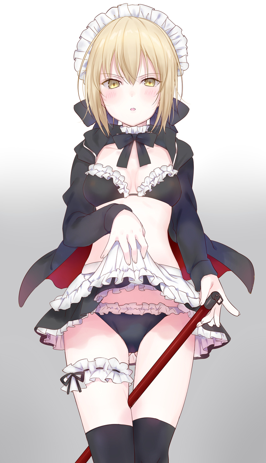 absurdres apron artoria_pendragon_(all) artoria_pendragon_(swimsuit_rider_alter) between_thighs bikini black_bikini black_legwear blonde_hair blush bow bowtie bra breasts cleavage cloak commentary_request cowboy_shot detached_collar fate/grand_order fate_(series) frilled_bra frilled_panties frills garters hair_between_eyes hair_bow highres holding kakizato leg_garter lifted_by_self looking_at_viewer maid_bikini maid_headdress panties parted_lips sidelocks skirt skirt_lift small_breasts solo standing swimsuit two-tone_background underwear yellow_eyes