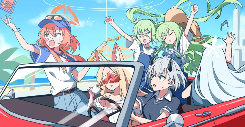 6+girls animal_ears baseball_cap belt black_horns blonde_hair blue_archive blue_hat blue_overalls blue_sky bottle car closed_mouth cloud cup demon_tail drink driving eyewear_on_head floating_hair fox_ears glasses green_hair halo hat highres hikari_(blue_archive) holding holding_bottle holding_cup holding_drink horns left-hand_drive long_hair motor_vehicle multiple_girls nagusa_(blue_archive) nozomi_(blue_archive) open_mouth orange_hair overalls palm_tree red_car rei_(blue_archive) seia_(blue_archive) sena_(blue_archive) shirt short_hair short_sleeves sky sunglasses sweatdrop t-shirt tail teacup tree washin white_hair white_shirt wind yellow_eyes