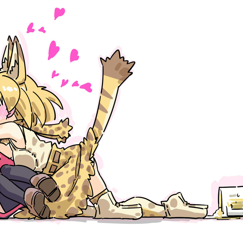 animal_ears beer_mug blonde_hair blush drunk ear_blush head_out_of_frame high-waist_skirt hug kaban_(kemono_friends) kemono_friends multiple_girls pantyhose print_legwear print_skirt seki_(red_shine) serval_(kemono_friends) serval_ears serval_print serval_tail short_hair simple_background skirt sleeveless spill tail thighhighs white_background yuri