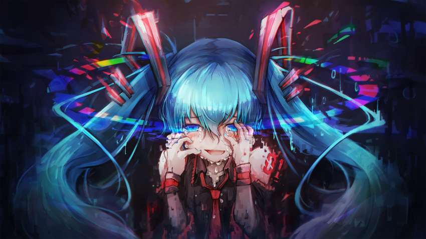 aqua_hair aqua_nails bangs black_shirt blue_eyes blush collared_shirt commentary_request detached_sleeves eyebrows_visible_through_hair fading hair_between_eyes hatsune_miku kajaneko long_hair looking_at_viewer nail_polish necktie open_mouth red_neckwear shirt smile solo tearing_up tears twintails upper_body very_long_hair vocaloid