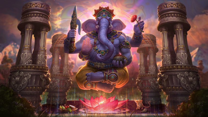 armlet backlighting barefoot blue_eyes blue_skin bowl bracer broken_tusk coconut elephant fat fat_man fingernails floating flower food fruit full_body furry ganesha_(smite) gem god grapes grass hat headdress highres hindu_mythology hinduism holding holding_bowl holding_flower holding_weapon jewelry jon_neimeister leaf light_particles looking_at_viewer lotus lotus_position male_focus mouse multiple_arms necklace nipples official_art open_hand outdoors pants pear pillar shirtless sky smite solo tattoo toenails weapon