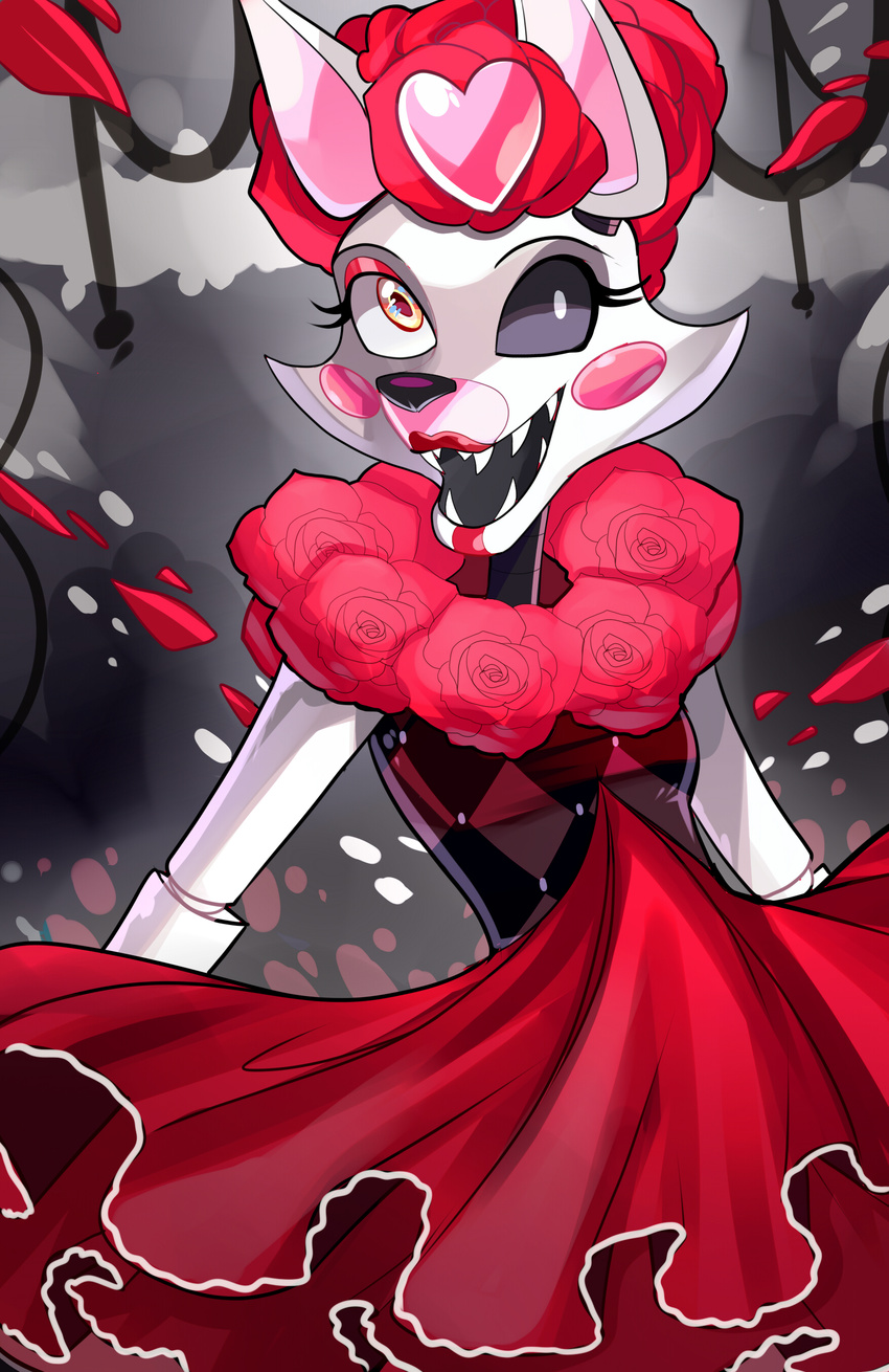 &lt;3 absurd_res animatronic anthro black_sclera blush canine clothed clothing dress female five_nights_at_freddy's five_nights_at_freddy's_2 flower fox funtime_foxy_(fnaf) hi_res lipstick machine makeup mammal mangle_(fnaf) plant robot rose rotodisk sharp_teeth smile solo teeth video_games yellow_eyes