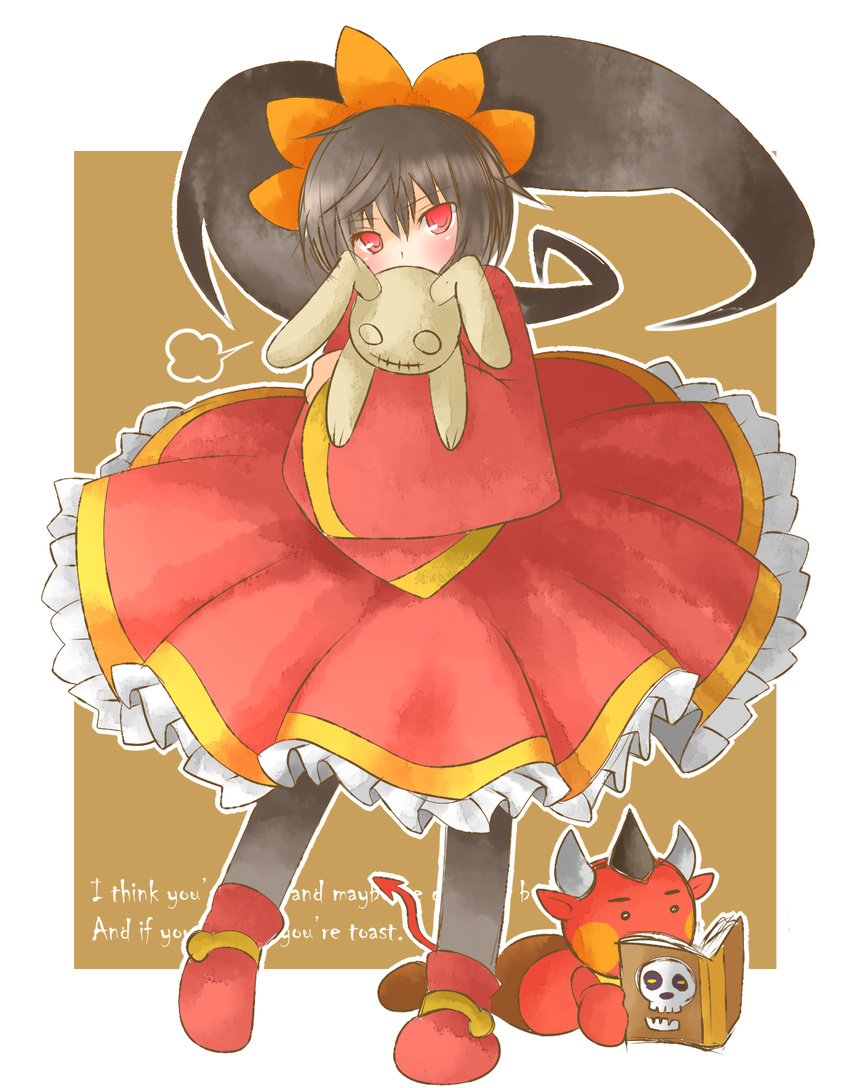 ashley_(warioware) bangs black_hair black_legwear blush book commentary_request covering_mouth demon dress english eyebrows_visible_through_hair frilled_dress frills full_body hair_between_eyes hairband highres holding holding_stuffed_animal long_hair long_sleeves lying non_(wednesday-classic) on_stomach orange_hairband outline pantyhose reading red_(warioware) red_dress red_eyes red_footwear shoes skull standing stuffed_animal stuffed_bunny stuffed_toy twintails two-tone_background warioware white_outline wide_sleeves