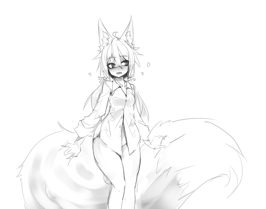 &lt;3 2016 animal_humanoid big_tail blush bottomless breasts canine clothed clothing female fluffy fluffy_tail fox fox_humanoid hair hand_on_tail hi_res huge_tail humanoid hyper_tail inner_ear_fluff mammal monochrome no_underwear open_mouth partially_clothed pigtails shirt simple_background sketch solo standing sub-res suzu_(sub-res) white_background