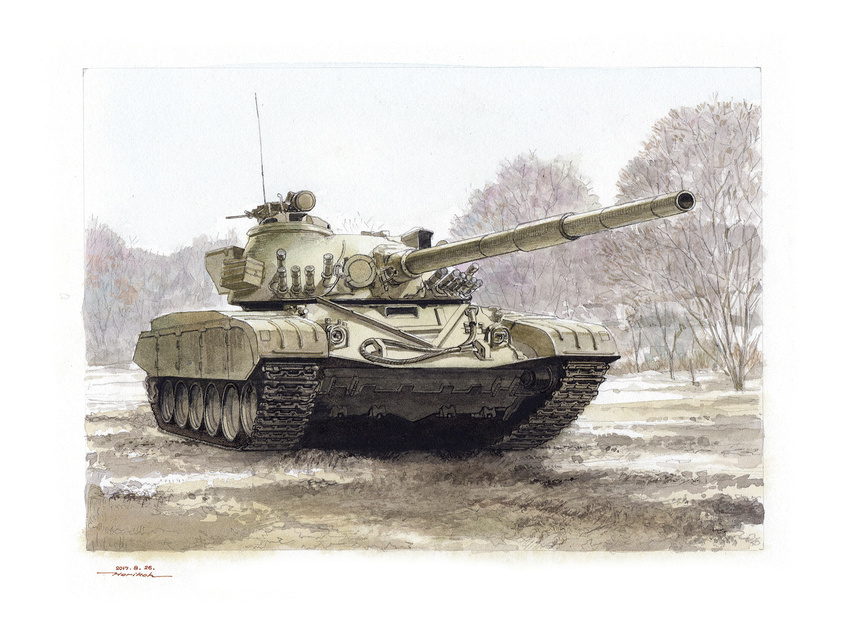 commentary_request dated ground_vehicle gun horikou machine_gun military military_vehicle motor_vehicle no_humans original signature soviet_union t-72 tank tank_focus traditional_media watercolor_(medium) weapon