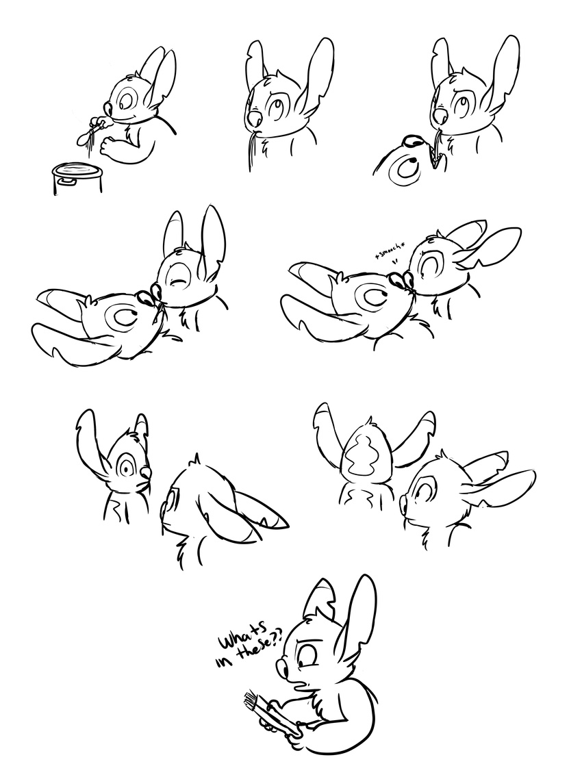 2016 alien awkward back_markings chest_tuft dialogue digital_drawing_(artwork) digital_media_(artwork) disney duo ears_back ears_down ears_up english_text experiment_(species) experiment_627 eyes_closed fangs food head_tuft holding_object humor kissing lilo_and_stitch looking_back looking_up markings notched_ear onomatopoeia pasta sketch slurp solosandwich sound_effects spaghetti spoon stitch surprise text tuft