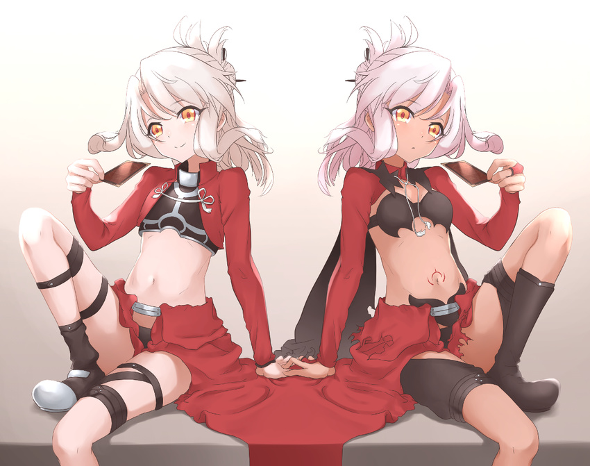 archer archer_(cosplay) arm_support black_panties card chloe_von_einzbern cosplay crop_top fate/kaleid_liner_prisma_illya fate_(series) hair_ornament head_tilt hechi_(hechi322) holding holding_card illyasviel_von_einzbern long_hair looking_at_viewer midriff multiple_girls navel orange_eyes panties pink_hair silver_hair sitting smile stomach tattoo thigh_strap underwear