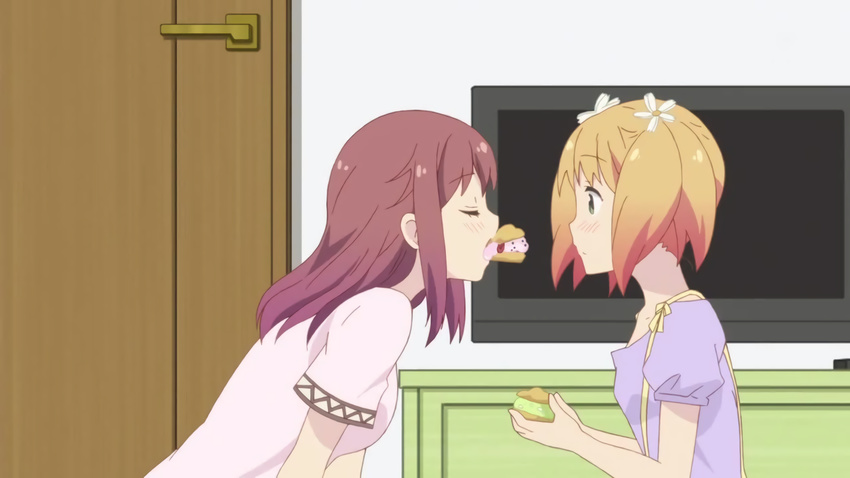 2girls bedroom blonde_hair blush cream_puff door flower food green_eyes hair_ornament hairclip multiple_girls official pink_hair sakura_trick screencap sonoda_yuu surprised takayama_haruka television tv yuri