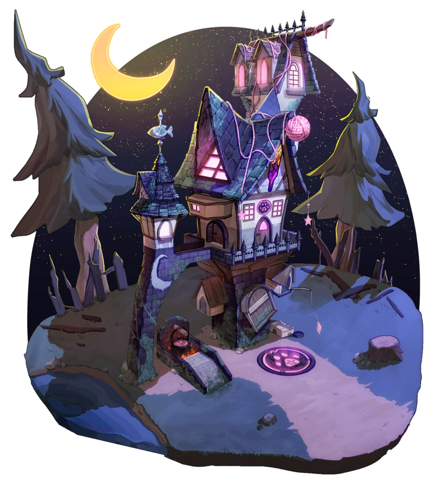 absurdres bab_du_666 birdhouse brick_wall broken_fence cabin cauldron crescent dirt_road fence fish forest glowing highres nature night no_humans original painterly paw_print plant railing road scenery sky spire star_(sky) starry_sky tree tree_stump vines white_background window_light wooden_fence yarn yarn_ball