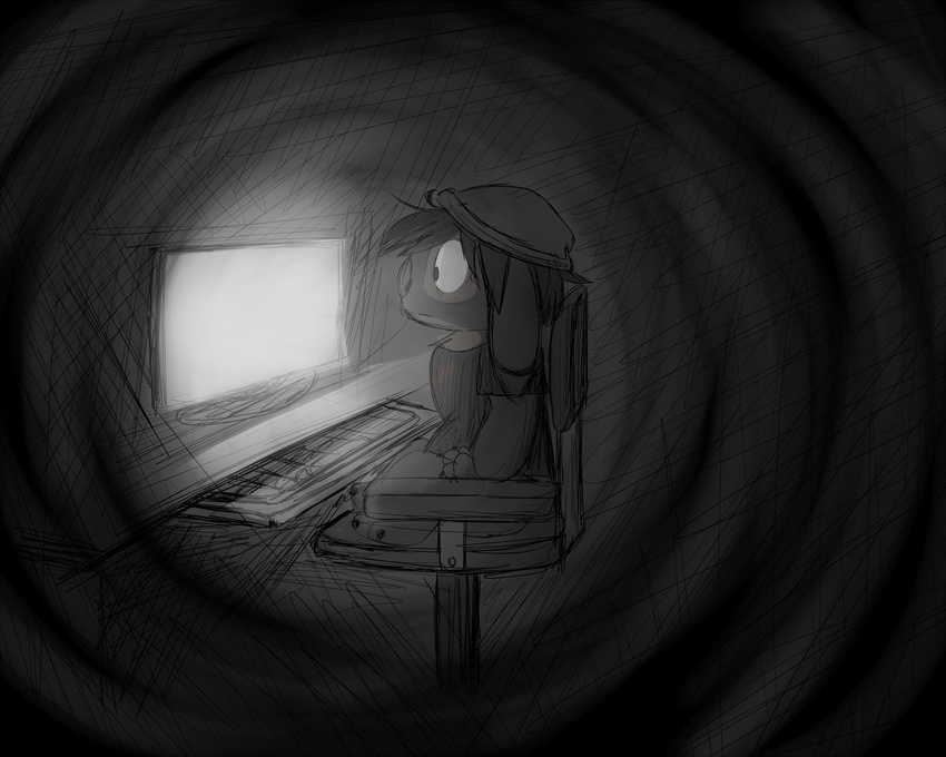 2016 alien beanie black_hair bottomless chair clothed clothing computer computer_keyboard dark_theme digital_drawing_(artwork) digital_media_(artwork) disney ears_down experiment_(species) fan_character fur glowing grey_fur hair hat hi_res insomnia lilo_and_stitch monitor shirt side_view sitting sketch solosandwich spot_color stare t-shirt walker_(solosandwich)