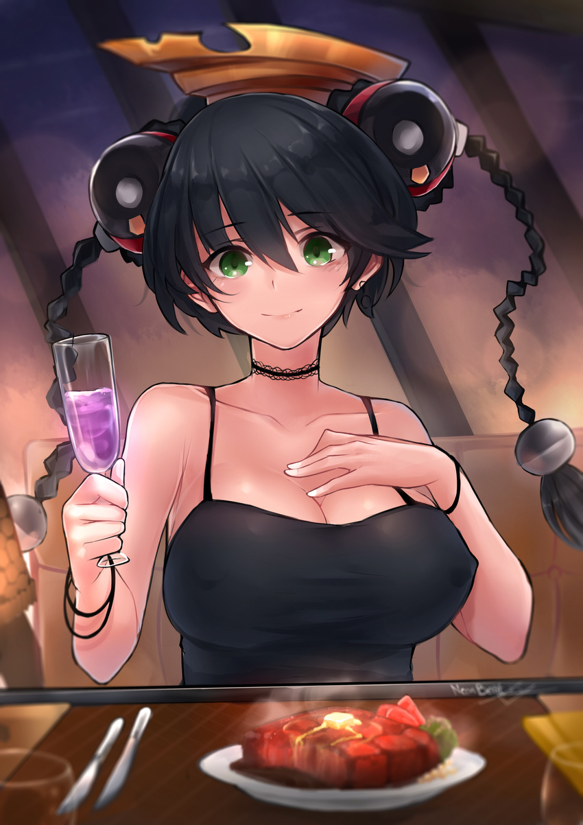 absurdres ar_tonelico bangs black_hair black_shirt bracelet braid breast_suppress breasts champagne_flute choker cleavage closed_mouth collarbone commentary covered_nipples cup drink drinking_glass eyebrows_visible_through_hair food fork green_eyes hair_between_eyes hand_on_own_chest hat headgear highres holding holding_cup jewelry knife large_breasts long_hair looking_at_viewer misha_arsellec_lune neonbeat plate pov_across_table restaurant shirt signature sleeveless smile solo spaghetti_strap steak steam table taut_clothes twin_braids upper_body