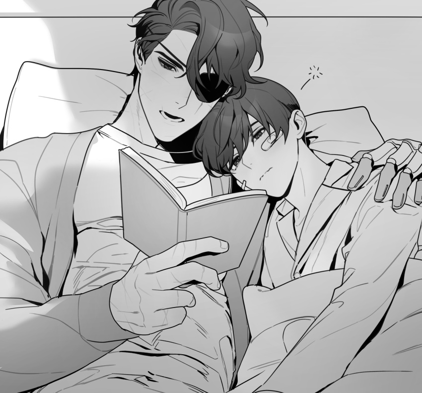 2boys bab_du_666 bandaid bandaid_on_hand black_coat black_eyes black_hair book child coat curtained_hair eyepatch hand_on_another's_shoulder head_on_pillow highres holding holding_book leaning_on_person male_focus multiple_boys oldest_dream omniscient_reader's_viewpoint open_book pillow prosthesis prosthetic_arm reading scar scar_across_eye scar_on_face scar_on_hand scars_all_over secretive_plotter shirt short_hair talking toned toned_male under_covers upper_body white_shirt