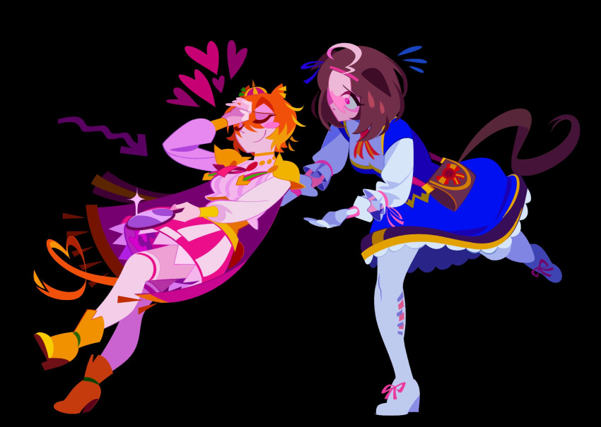 20years 2girls animal_ears black_background brown_hair crown cygames gloves highres horse_ears horse_girl horse_tail meisho_doto_(blue/raging)_(umamusume) meisho_doto_(umamusume) mirror multiple_girls orange_hair orange_tail purple_eyes ribbon simple_background smile t.m._opera_o_(o_sole_suo!)_(umamusume) t.m._opera_o_(umamusume) tail umamusume