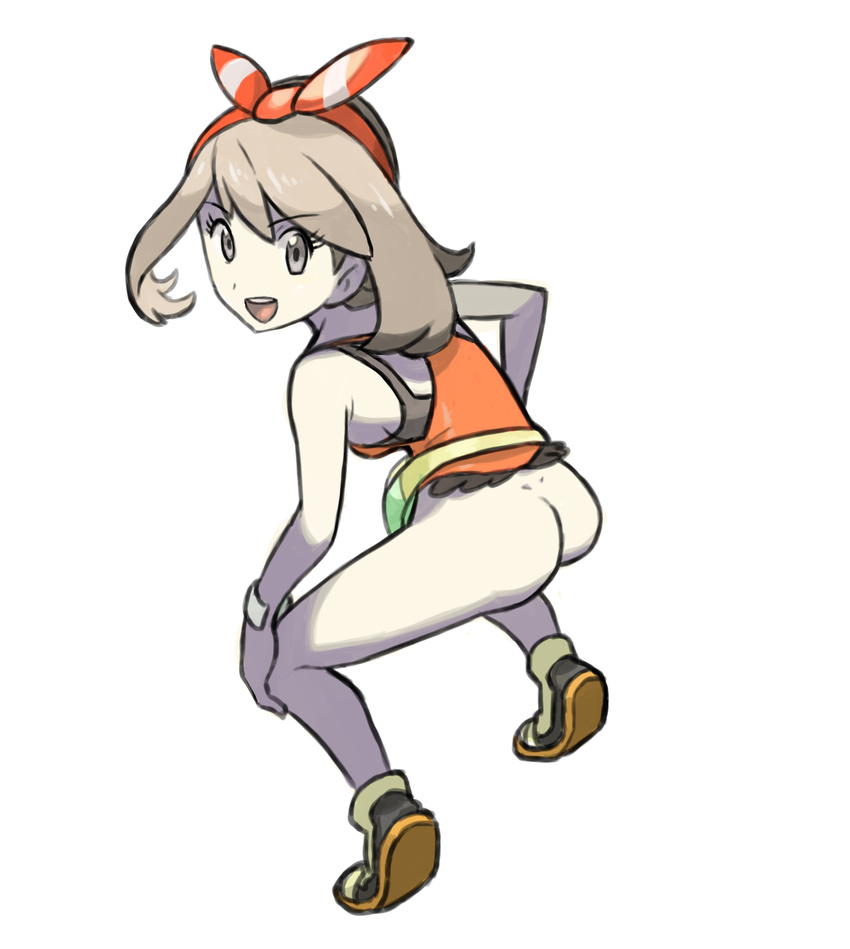 1girl ass bag bare_shoulders black_shoes bottomless breasts brown_hair bule crouching from_behind full_body grey_eyes hair_ornament haruka_(pokemon) haruka_(pokemon)_(remake) headband highres looking_at_viewer looking_back open_mouth pokemon pokemon_oras red_shirt shirt shoes simple_background sleeveless sleeveless_shirt small_breasts smile solo spread_legs teeth white_background wristband