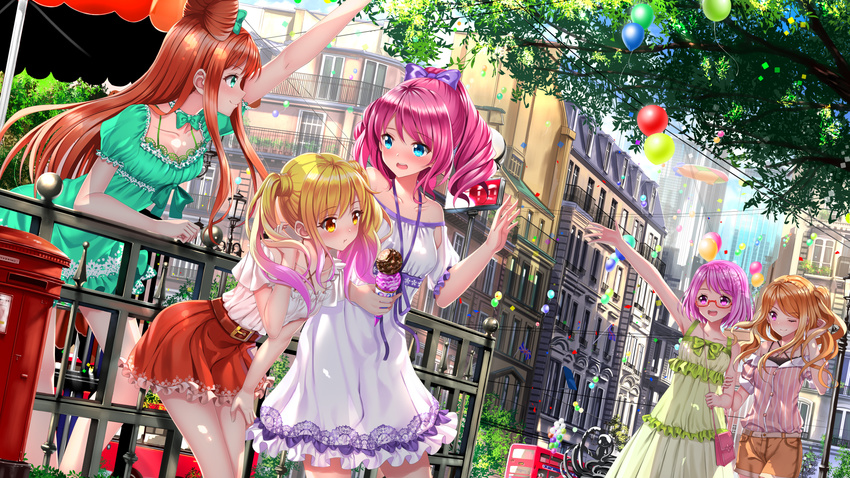 aikatsu!_(series) aikatsu_stars! balloon belt blonde_hair blue_eyes blush breasts brown_eyes brown_hair bus cleavage closed_mouth collarbone eyebrows_visible_through_hair food glasses ground_vehicle highres ice_cream kasumi_mahiru large_breasts looking_at_another motor_vehicle multicolored_hair multiple_girls nanakura_koharu nijino_yume off-shoulder_shirt off_shoulder one_eye_closed open_mouth pink_hair purple_eyes purple_hair red_hair red_skirt sakuraba_rola saotome_ako semi-rimless_eyewear shirt short_hair skirt swordsouls two-tone_hair