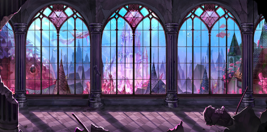 absurdres arch bab_du_666 blurry broken_pillar broken_statue castle city crystal depth_of_field fantasy fish fog gem goldfish highres indoors karst no_humans original painterly pink_theme scenery spire stained_glass tile_floor tiles trout whale_shark window_light
