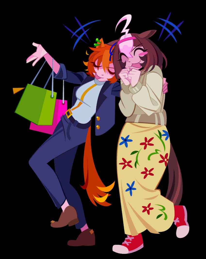 20years 2girls antenna_hair arms_behind_back bag black_background blush closed_eyes gloves hair_ribbon highres horse_girl horse_tail meisho_doto_(umamusume) multiple_girls no_lineart orange_hair ribbon shopping_bag t.m._opera_o_(umamusume) tail talking umamusume