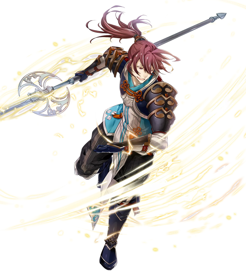 boots electricity fire_emblem fire_emblem_heroes fire_emblem_if full_body gloves highres long_hair male_focus official_art open_mouth polearm ponytail red_eyes red_hair solo spear teeth transparent_background tsubaki_(fire_emblem_if) weapon yura_(ub4u)