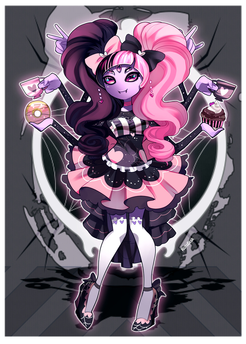 \m/ alternate_costume alternate_hair_color alternate_hairstyle artist_name black_hair bow commentary cup cupcake doughnut dress extra_eyes fangs fewer_digits food hair_bow heart high_heels highres insect_girl kneehighs looking_at_viewer monster_girl muffet mug multicolored_hair multiple_arms pink_hair purple_eyes purple_skin rotodisk solo spider_girl two-tone_hair undertale v