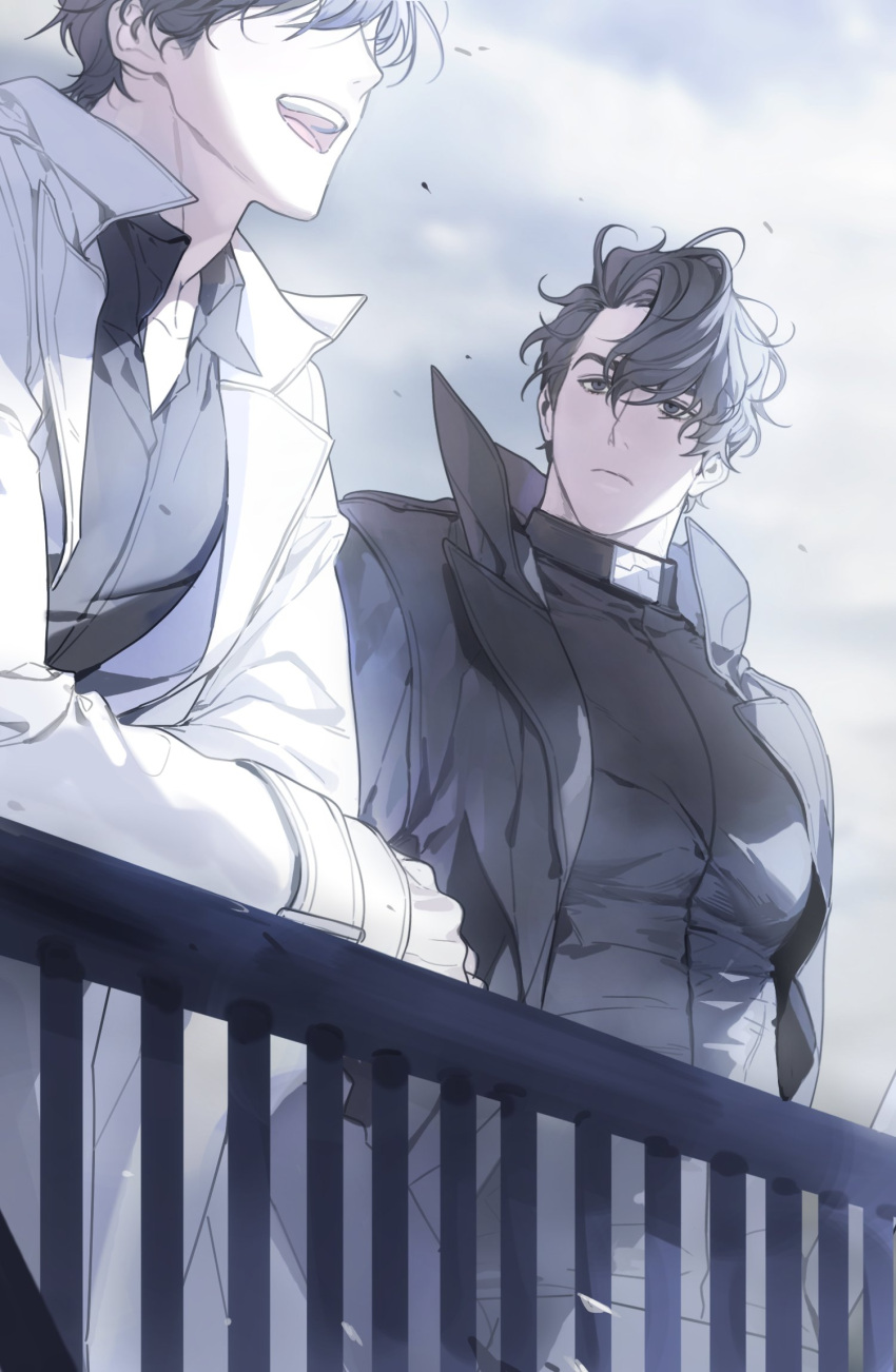 2boys against_railing bab_du_666 black_coat black_hair black_shirt coat collared_shirt crew_neck curtained_hair day hair_flowing_over highres kim_dokja looking_at_another male_focus multiple_boys omniscient_reader's_viewpoint open_clothes open_coat outdoors pectorals popped_collar railing shirt short_hair talking tight_clothes white_coat wind yoo_joonghyuk