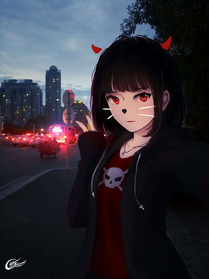 absurdres bangs black_hair blunt_bangs car city demon_horns face_filter ground_vehicle highres hood hoodie horns looking_at_viewer morning motor_vehicle open_clothes open_hoodie original parted_lips photo_background red_eyes self_shot shimmer short_hair signature skull_and_crossbones sleeves_past_wrists solo v whiskers