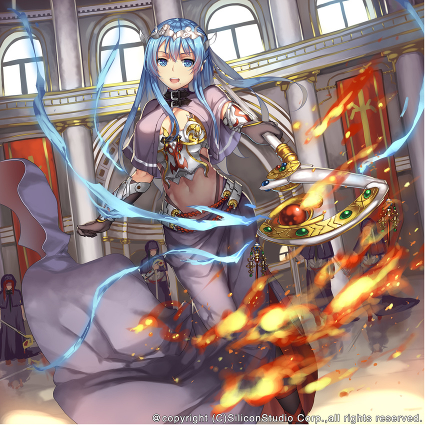 bangs blue_eyes blue_hair breasts brown_gloves column commentary_request elbow_gloves eyebrows_visible_through_hair fire gloves gyakushuu_no_fantasica highres holding holding_staff indoors large_breasts long_hair looking_at_viewer magic midriff mole mole_under_mouth navel open_mouth pillar robe smile solo_focus staff standing tiara watermark weiyinji_xsk