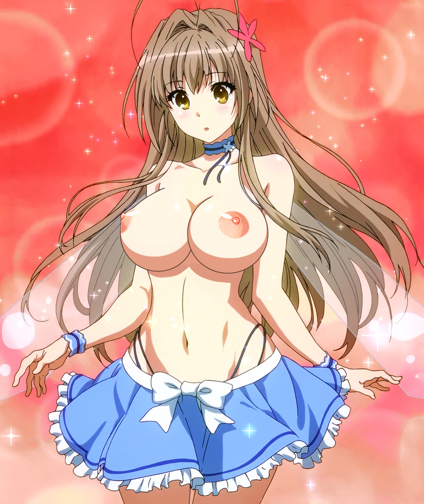 1girl amagi_brilliant_park areolae blush breasts brown_hair cleavage cosplay curvy gradient gradient_background hair_ornament highres large_breasts long_hair navel nipples parted_lips photoshop screencap sento_isuzu skirt solo topless wide_hips yellow_eyes