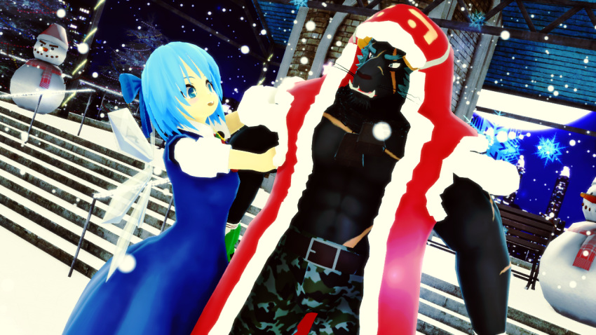 2018 3d_(artwork) abs anthro blue_eyes blue_hair breasts christmas cirno clothing crossover demon digital_media_(artwork) dress fairy feline female hair holidays horn humanoid ice krampus_(housamo) male malicekira mammal moon muscular muscular_male open_mouth pecs ribbons smile snow snowman tokyo_afterschool_summoners touhou video_games