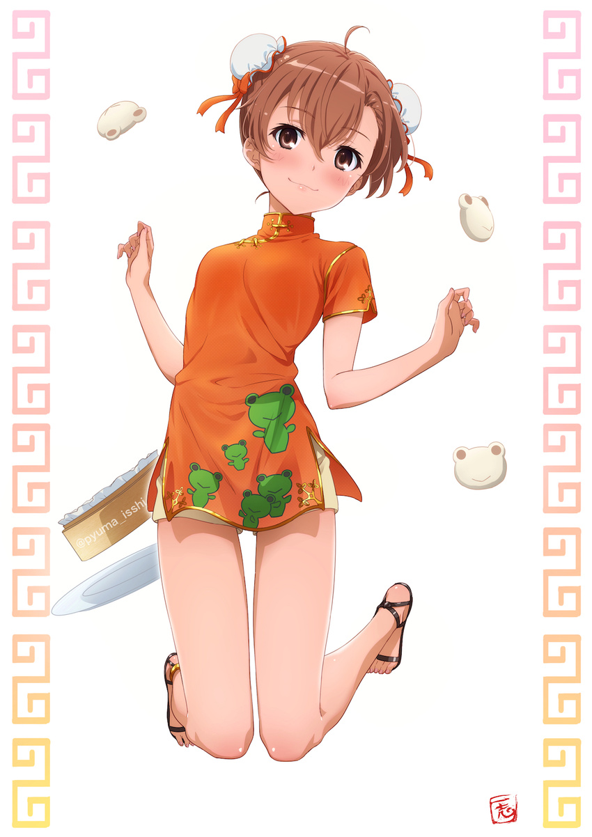 ahoge animal_print brown_eyes brown_hair brown_shorts bun_cover china_dress chinese_clothes double_bun dress frog_print full_body gekota highres jumping looking_at_viewer misaka_mikoto open_toe_shoes orange_dress puma_(hyuma1219) shoes short_hair shorts shorts_under_dress simple_background solo to_aru_kagaku_no_railgun to_aru_majutsu_no_index twitter_username white_background