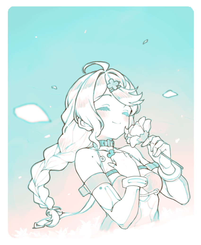 1girl ^_^ ahoge armpit_crease asymmetrical_bangs blush border braid closed_eyes collarbone cropped_torso elbow_gloves falling_petals flower gloves gradient_background hair_ornament hairpin hand_on_own_chest highres holding holding_flower limited_palette long_hair mole mole_on_shoulder nosir_onadat petals seed_(zenless_zone_zero) single_braid smile solo white_border zenless_zone_zero